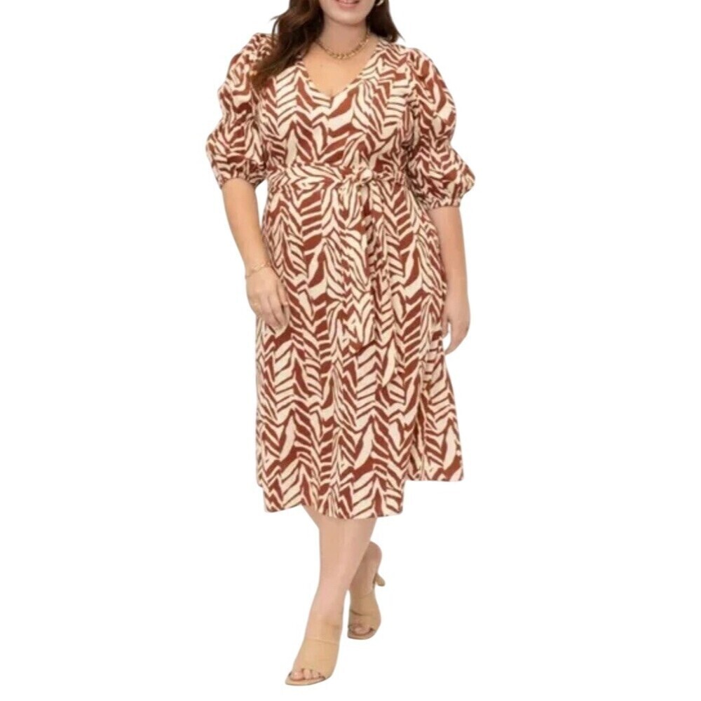 Eloquii Linen Blend Animal Print Midi Wrap Dress 16 Spring Summer Brunch